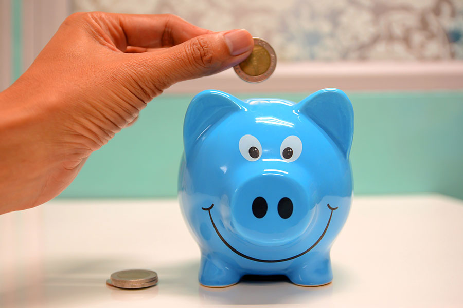 person putting coin in piggy bank